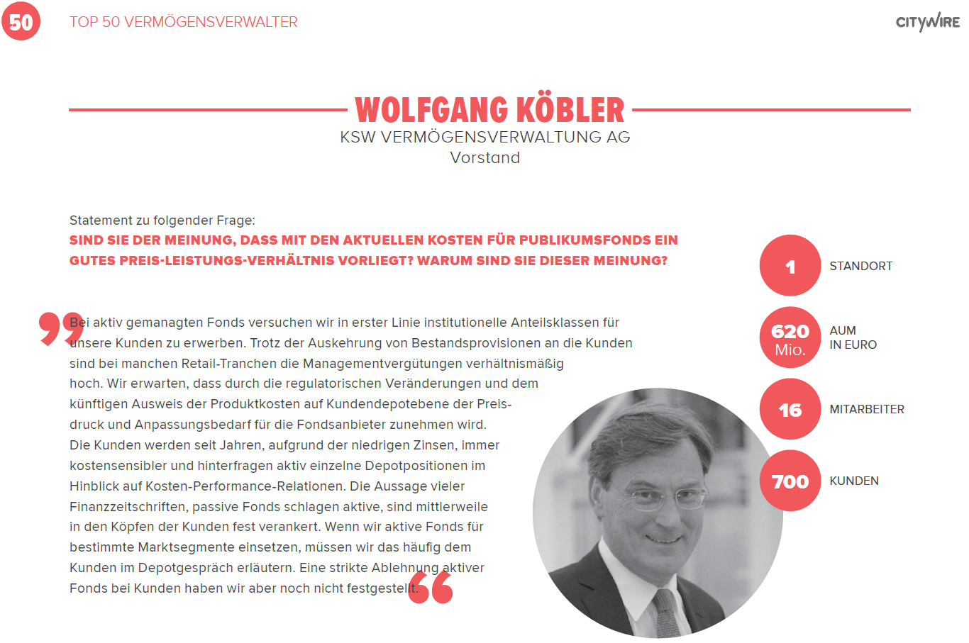 Statement von Vorstand Wolfgang Köbler zur Auszeichnung der KSW Vermögensverwaltung unter den Top 50 Vermögensverwaltern 2019