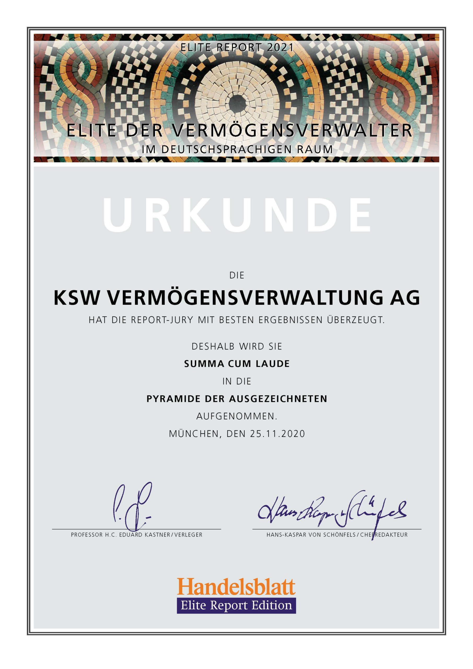 Urkunde mit summa cum laude der KSW Vermögensverwaltung AG 2020