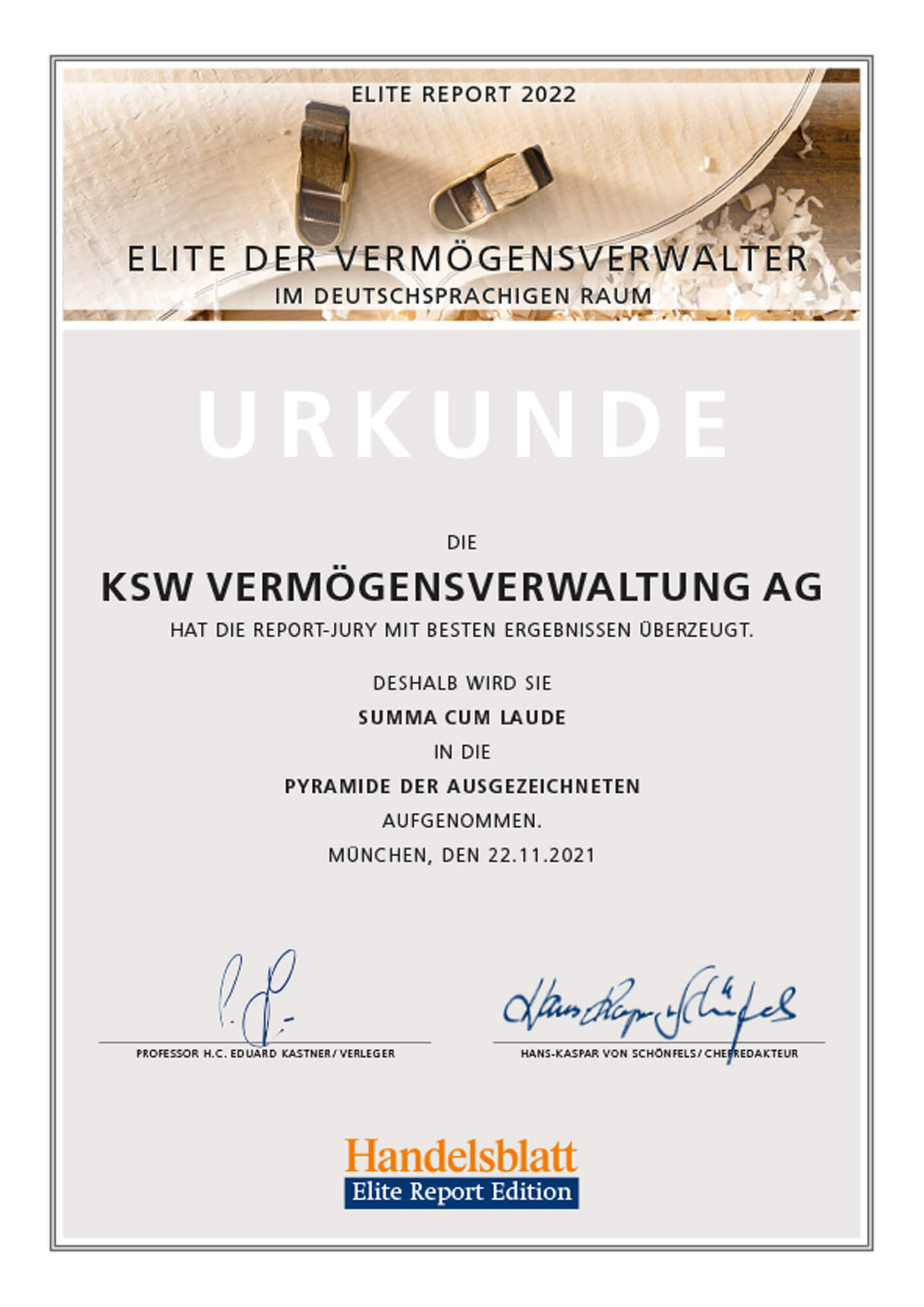 Urkunde mit summa cum laude der KSW Vermögensverwaltung AG 2022