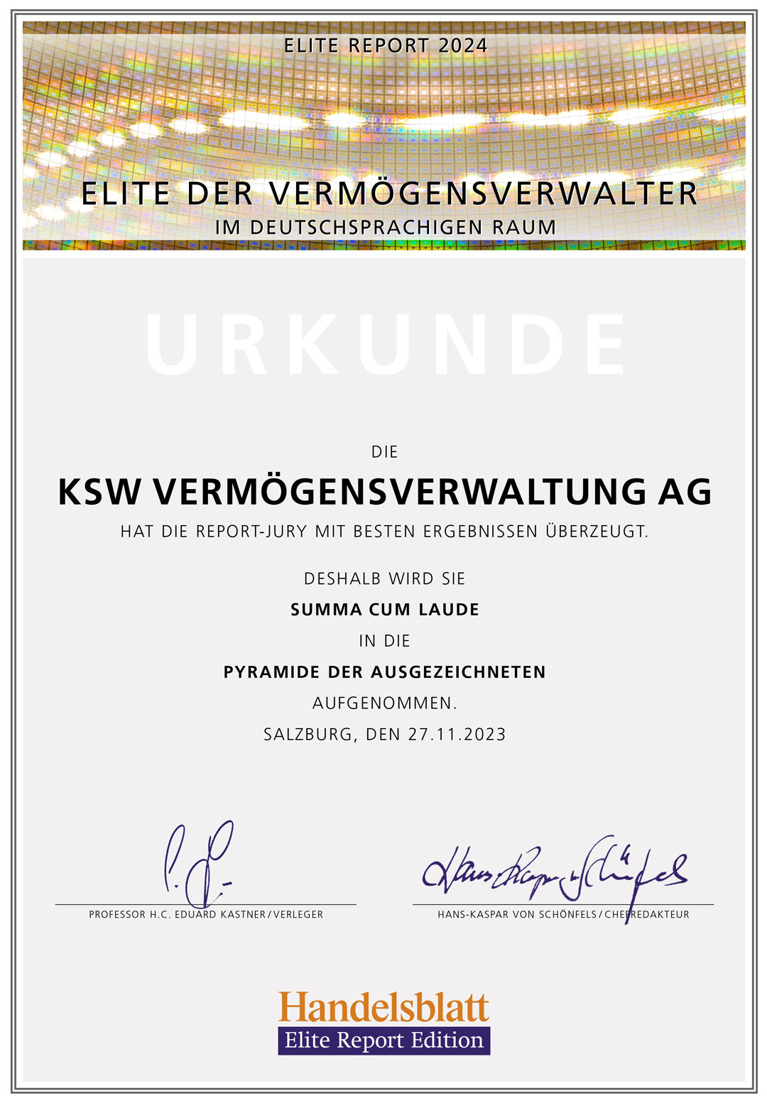 Elite Report 2024 Urkunde summa cum laude für die KSW Vermögensverwaltung AG