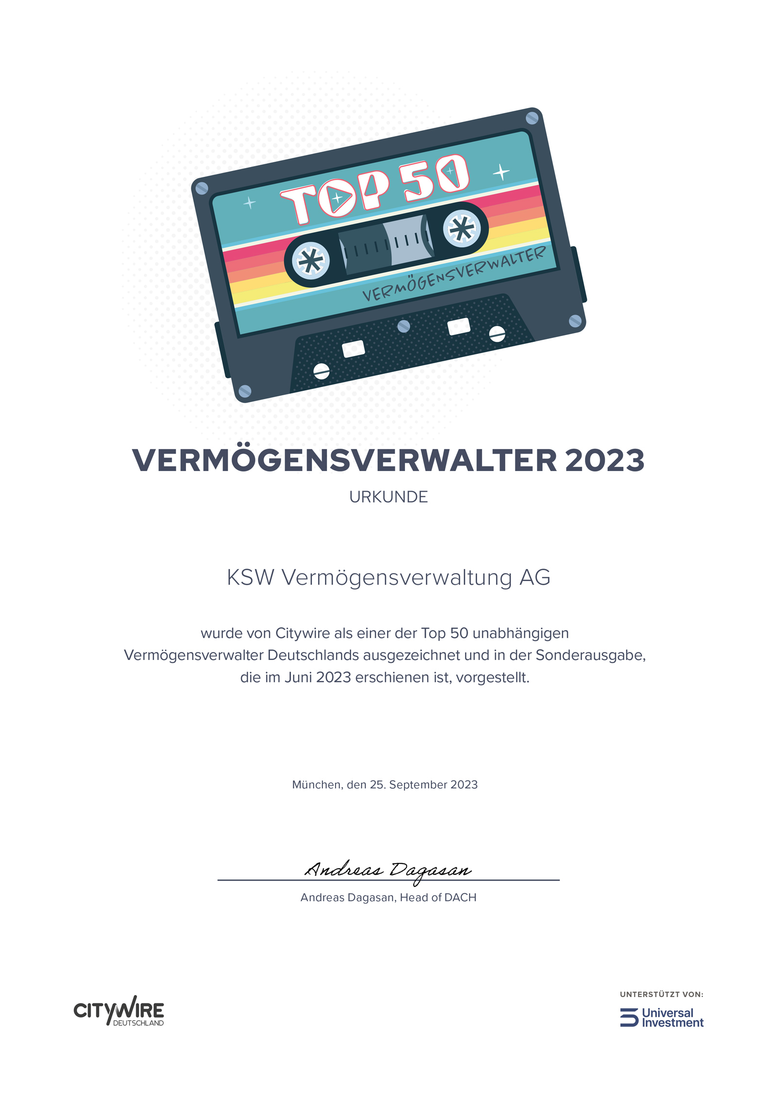 Top 50 Vermögensverwalter in Deutschland 2023 Auszeichnung für die KSW Vermögensverwaltung